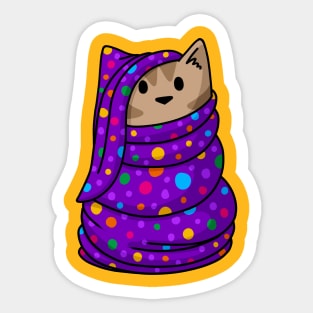 Brown tabby cat wrapped in purple blanket Sticker